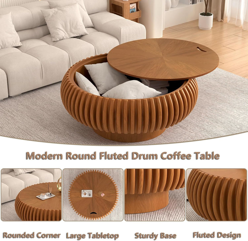 Round Handcraft Fluted Coffee Table with Sturdy Stable Pedestal Modern Luxury Drum Center Table Circle Accent Base Center Tables for Living Room Apartment (Q)