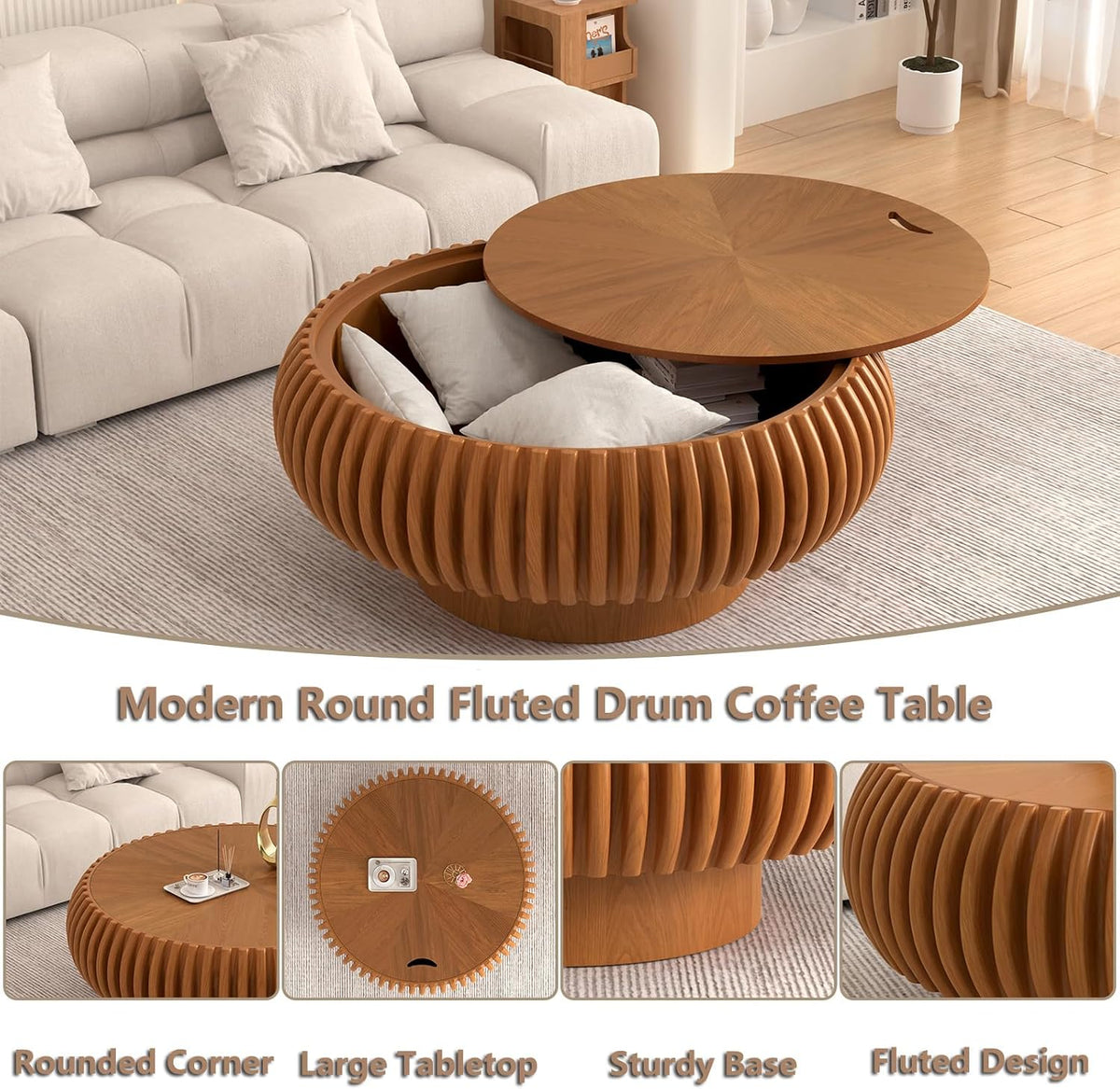 Round Handcraft Fluted Coffee Table with Sturdy Stable Pedestal Modern Luxury Drum Center Table Circle Accent Base Center Tables for Living Room Apartment (Q)