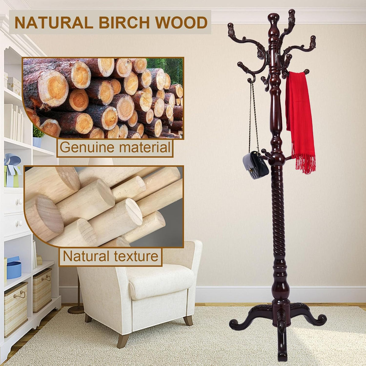 Coat Rack Freestanding with 18 Hooks, Wooden Standing Coat Racks for Entryway, Solid Wood Clothes Hanger Rack with Sturdy Round Base for Entryway, Hall, Bedroom, Office, Hallway (Triangular base)