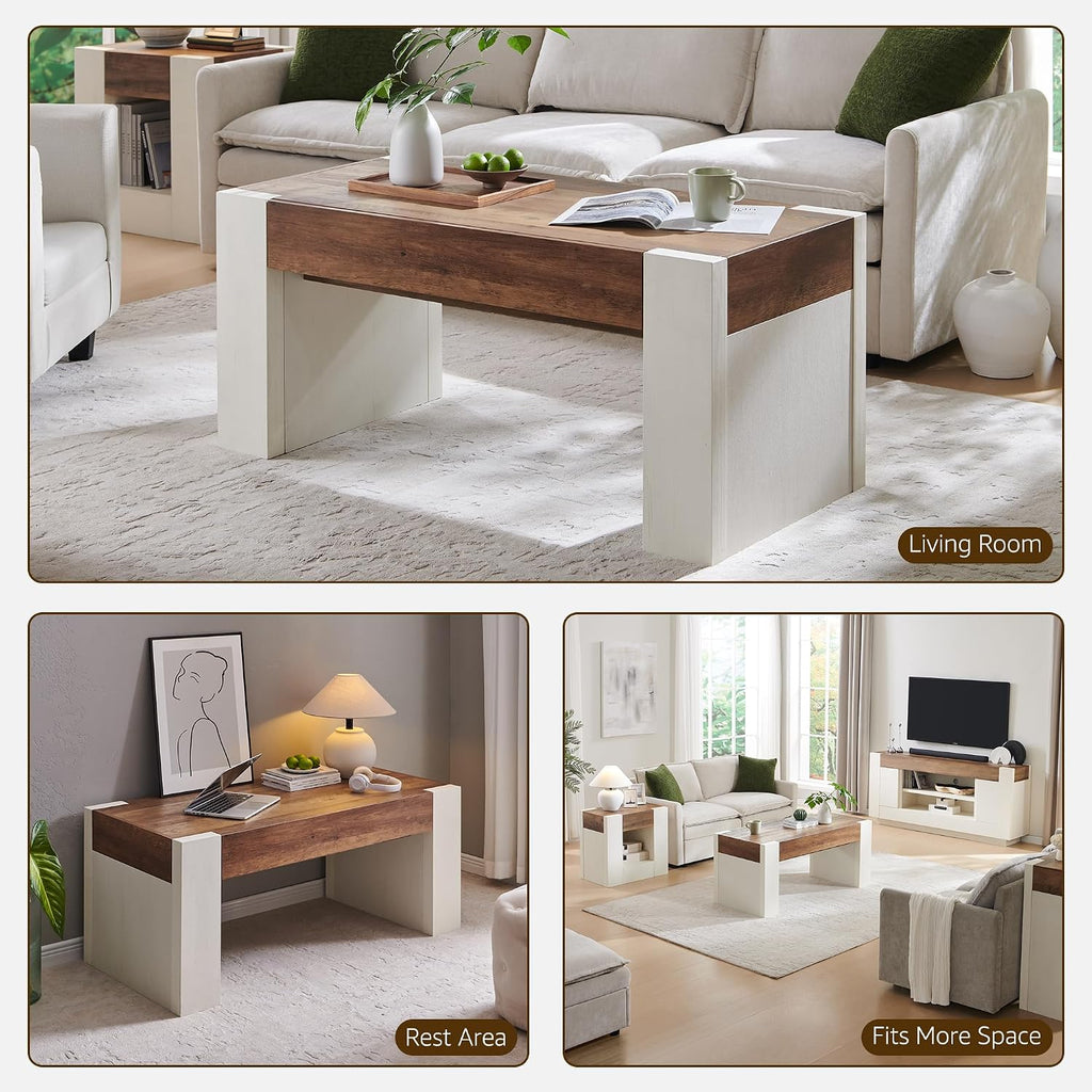 OKD 48' Modern Farmhouse Coffee Table, Wooden Living Room Table with Hidden Storage Drawer, Rustic Rectangular Center Tables with Wood Thick Design for Living Room, Office, Antique White