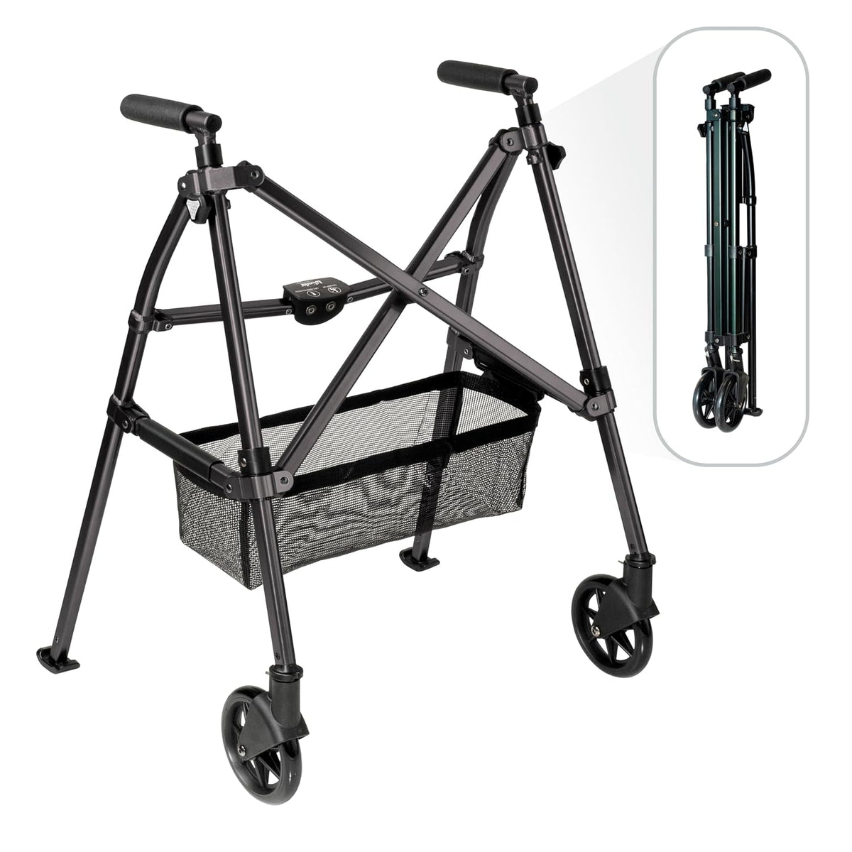 Stander Wonder Walker Plus Short, Lightweight Junior Folding Mobility Aid for Petite Adults, Seniors, and Elderly, Collapsible Travel EZ Fold-N-Go with Wheels, Glides & Basket, Matte Black