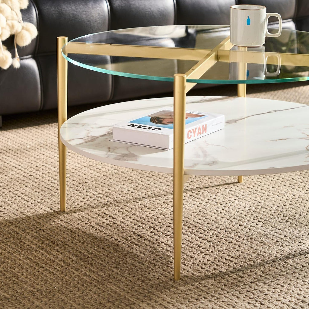 AGV LIGHTING 30' Round Glass Coffee Table,Mid-Century Modern Coffee Table for Living Room, Glod Finish Leg,2-Tier,Tempered Glass Top with White Marble MDF Shelf