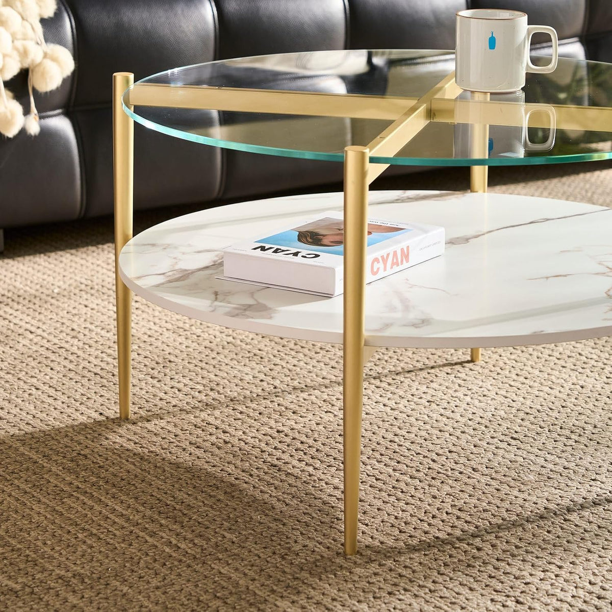 AGV LIGHTING 30' Round Glass Coffee Table,Mid-Century Modern Coffee Table for Living Room, Glod Finish Leg,2-Tier,Tempered Glass Top with White Marble MDF Shelf