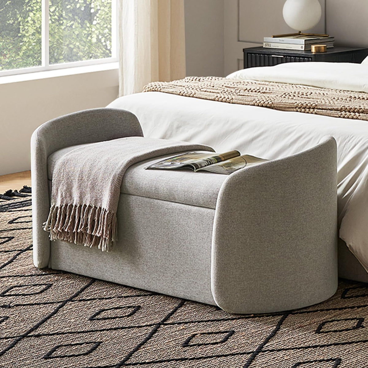 mopio Sophie 51' Ottoman Storage Bench, Entryway and Window Seating, End of Bed Curved Stool for King & Queen Bed, Storage Chest for Bedroom (Light Gray Fabric)