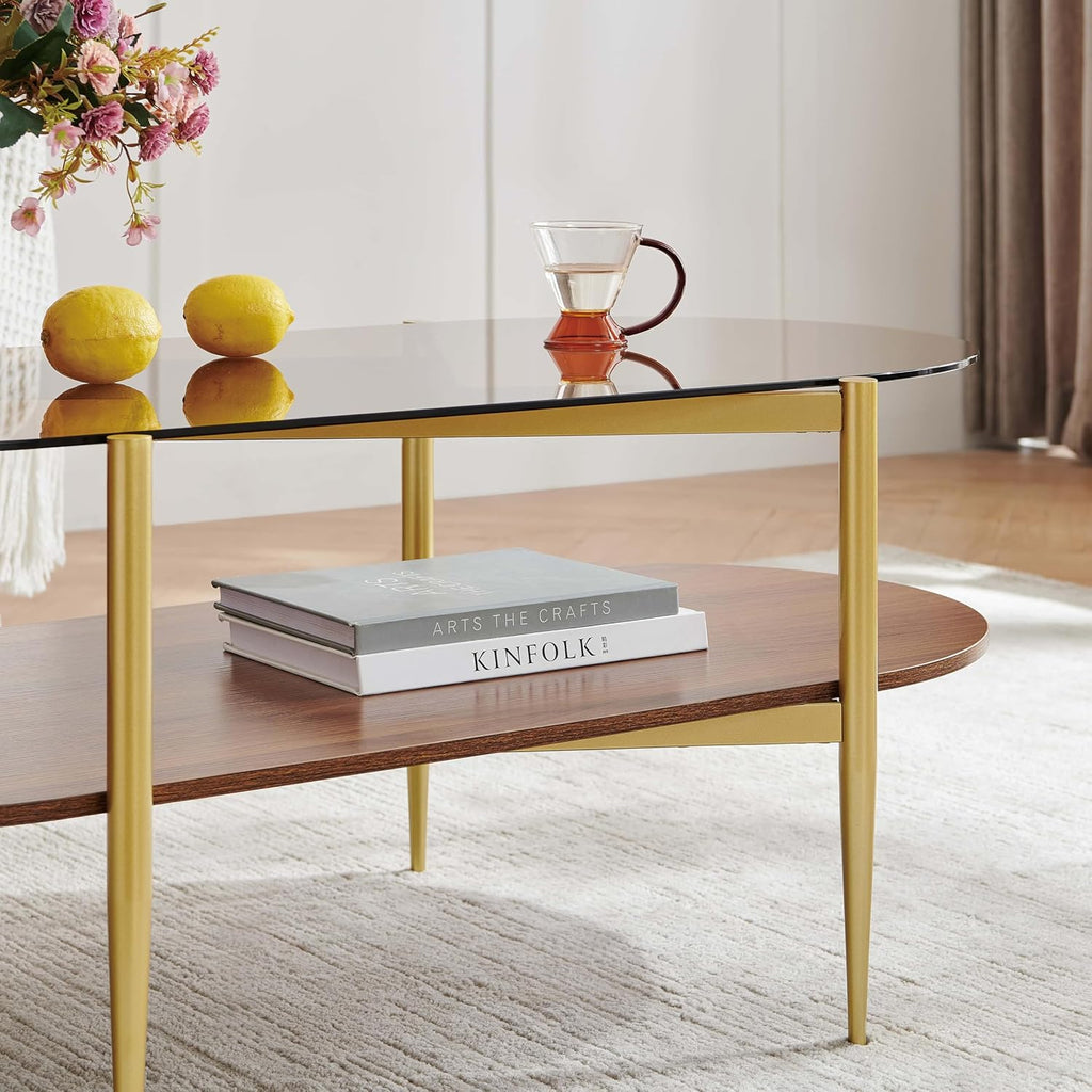 Oval Glass Coffee Table, Mid-Century Modern Design, L42*W22*H17 inch, for Living Room, Amber Glass Top and Walnut Finish Wood Shelf, Conical Metal Legs with Gold Finish