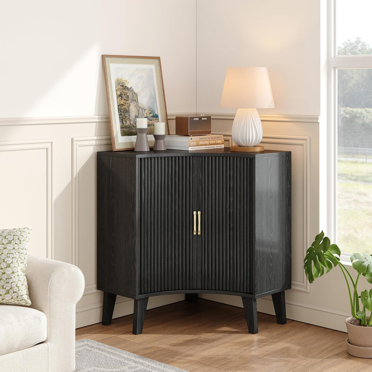 Fluted Corner Cabinet, Small Corner Floor Cabinet with 2-Sliding Doors and Adjustable Shelves, Freestanding Narrow Organizer for Small Space,Living Room, Dining RoomBathroom.Black