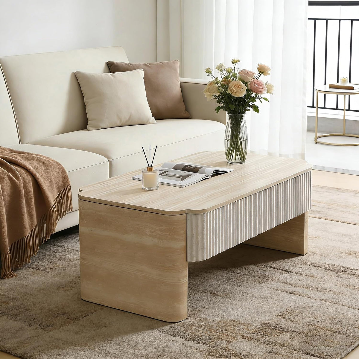39' Lift Top Coffee Table with Hidden Storage, Faux Marble Lift Pull Up Tabletop for Living Room, Modern Wooden Rectangular Coffee Table, Beige Mars Pattern