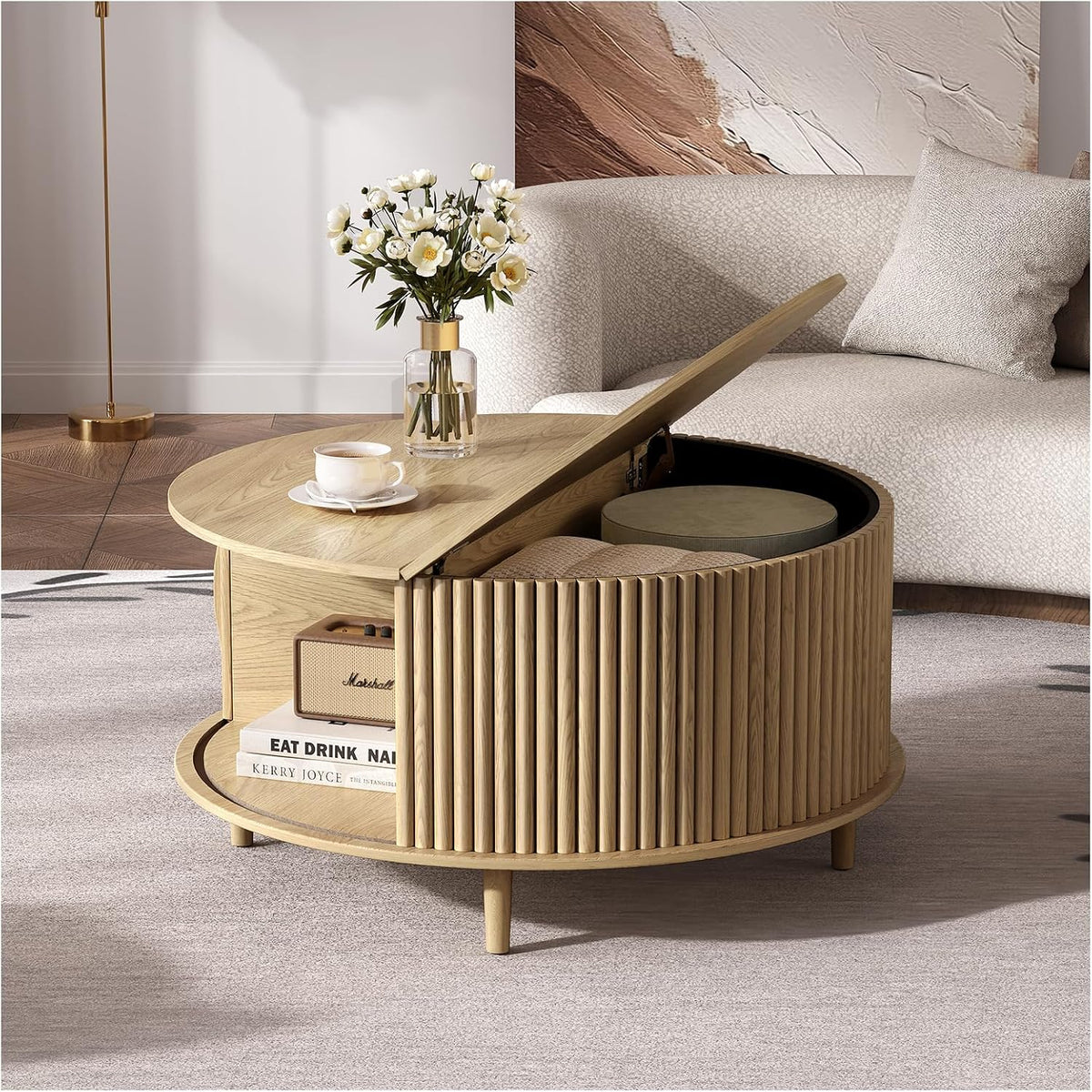 Jiansu furni Round Coffee Table with Storage, 31.5' Natural Oak Drum Table for Small Space, Fluted Wood Center Table with Hidden Compartment, Modern Farmhouse Furniture for Living Room Organization