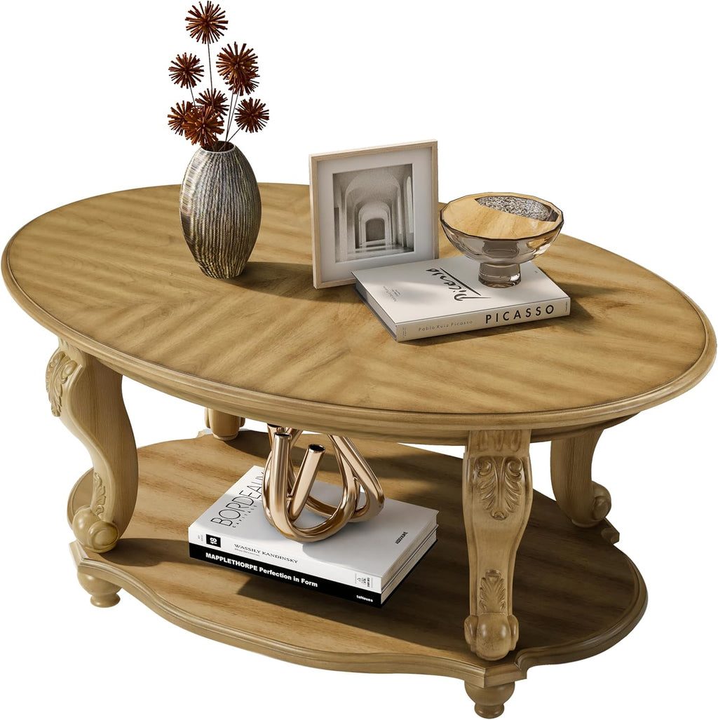 RuiSiSi 42' Oval Coffee Table for Living Room, Solid Wood 2-Tier Cocktail Table with Open Storage Shelf, Easy Assembly, Antique Natural