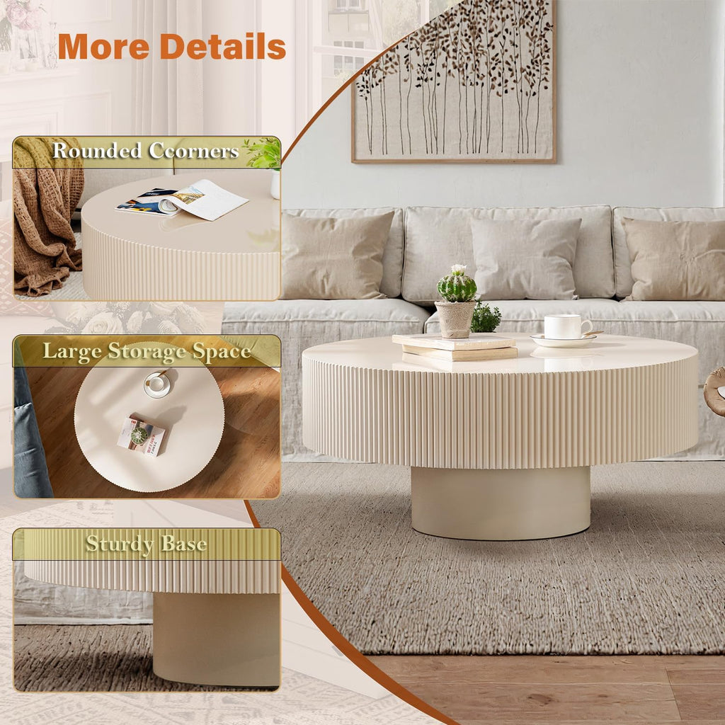 Round Drum Coffee Table 30.9'' Handcraft White Fluted Coffee Table with Sturdy Pedestal, Contemporary Style Small Accent Cocktail Center Tables for Living Room Office (C30.9in)