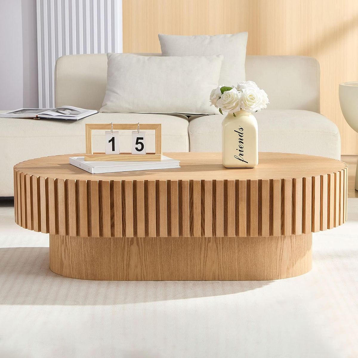 43.7' Natural Ash Oval Coffee Table for Living Room, Wood Drum Pedestal Table Farmhouse Boho Modern Nesting Round Center Table with Handcrafted for Small Space Apartment, Easy Assembly, Oak