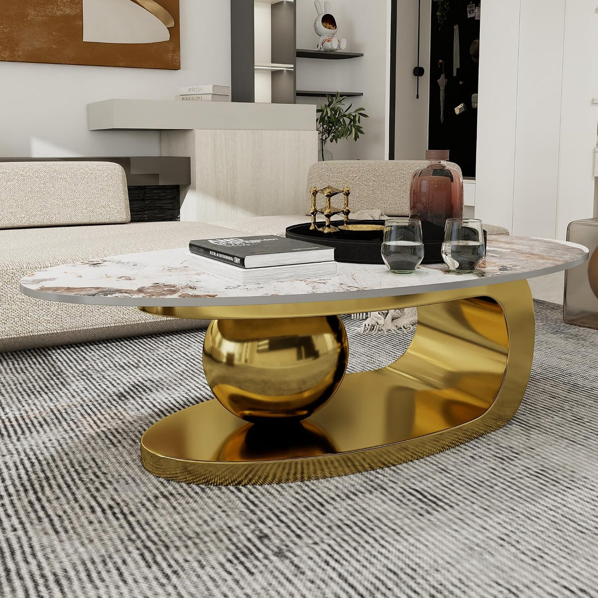 Gold Oval Coffee Table with Stainless Steel Legs,49' Faux Marble Coffee Table with Spherical Base,Luxury Coffee Tables for Living Room