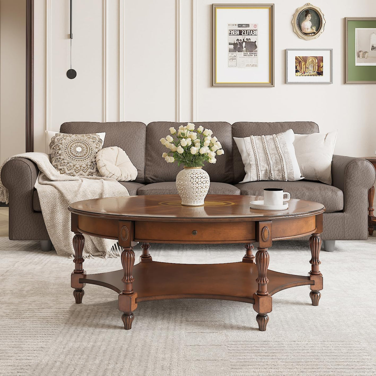 Large Oval Coffee Table with Drawer for Living Room, Solid Wood Cocktail Table with Open Storage Shelf, Mid-Century Modern Sofa Center Table, No-Tools Assembly,Beeswax KFZ1533MG