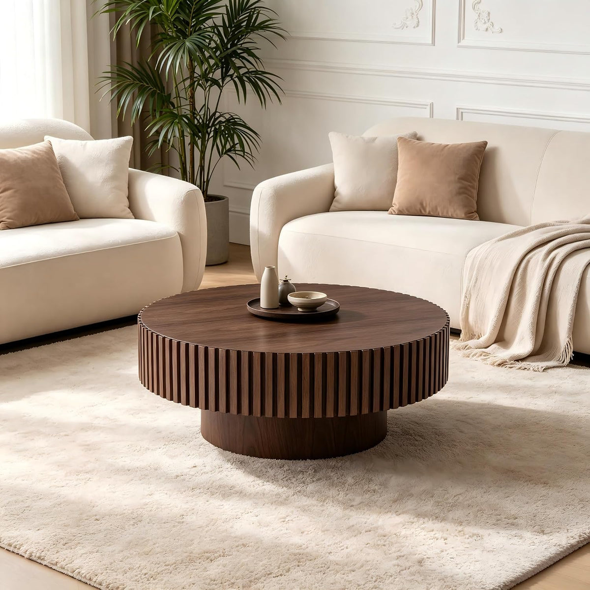 KEVINSPACE Round Coffee Table, 39' Big Wooden Fluted Coffee Table with Fluted Base, Circle Accent Center Table for Living Room Apartment Office Small Space, Easy Assembly, Walnut