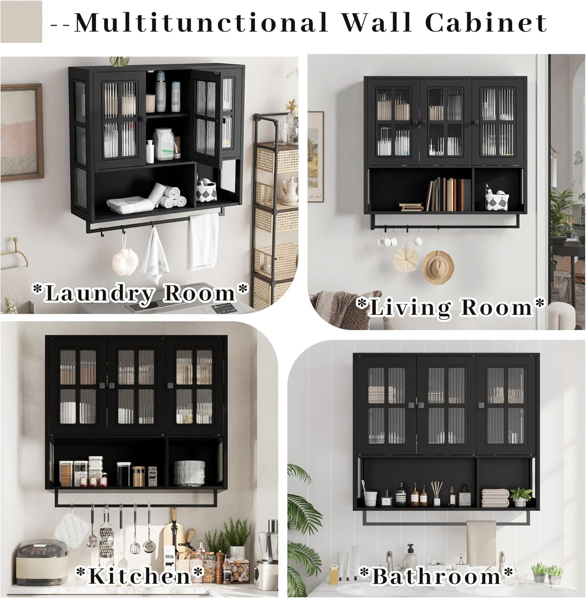 Bathroom Wall Cabinet Over The Toilet, 3 Door Wooden Medicine Cabinet with Open Shelf & Glass Door, Space Saving Storage Organizer with Towel Bar (Black)