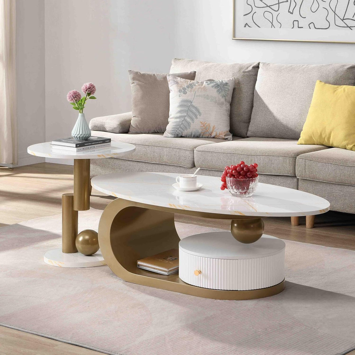 Modern 47.2' Nesting Coffee Table Set of 2, Oval and Round Centre Table Set for Living Room, Faux Marble Coffee Table and Round End Table, Luxury Living Room Accent for Apartment