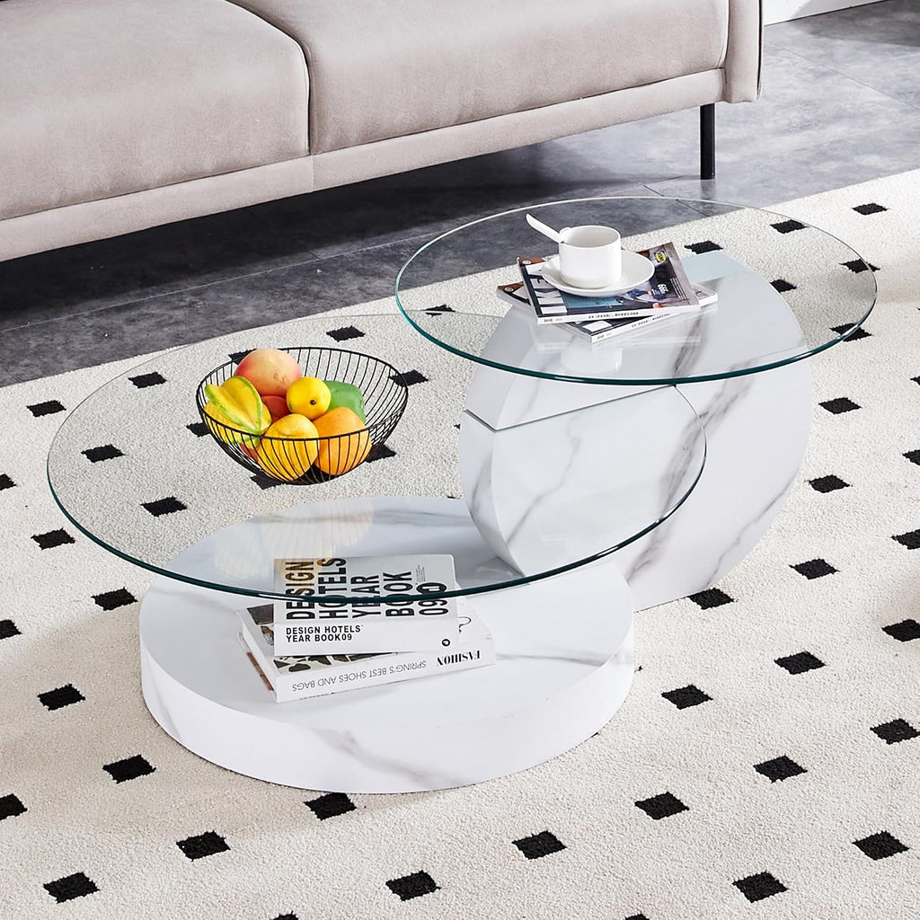 Ebullient Modern Round Glass Coffee Table, 3-Tier Wood Base Geometric Center Table for Living Room, Contemporary Accent Furniture, 42 Inch