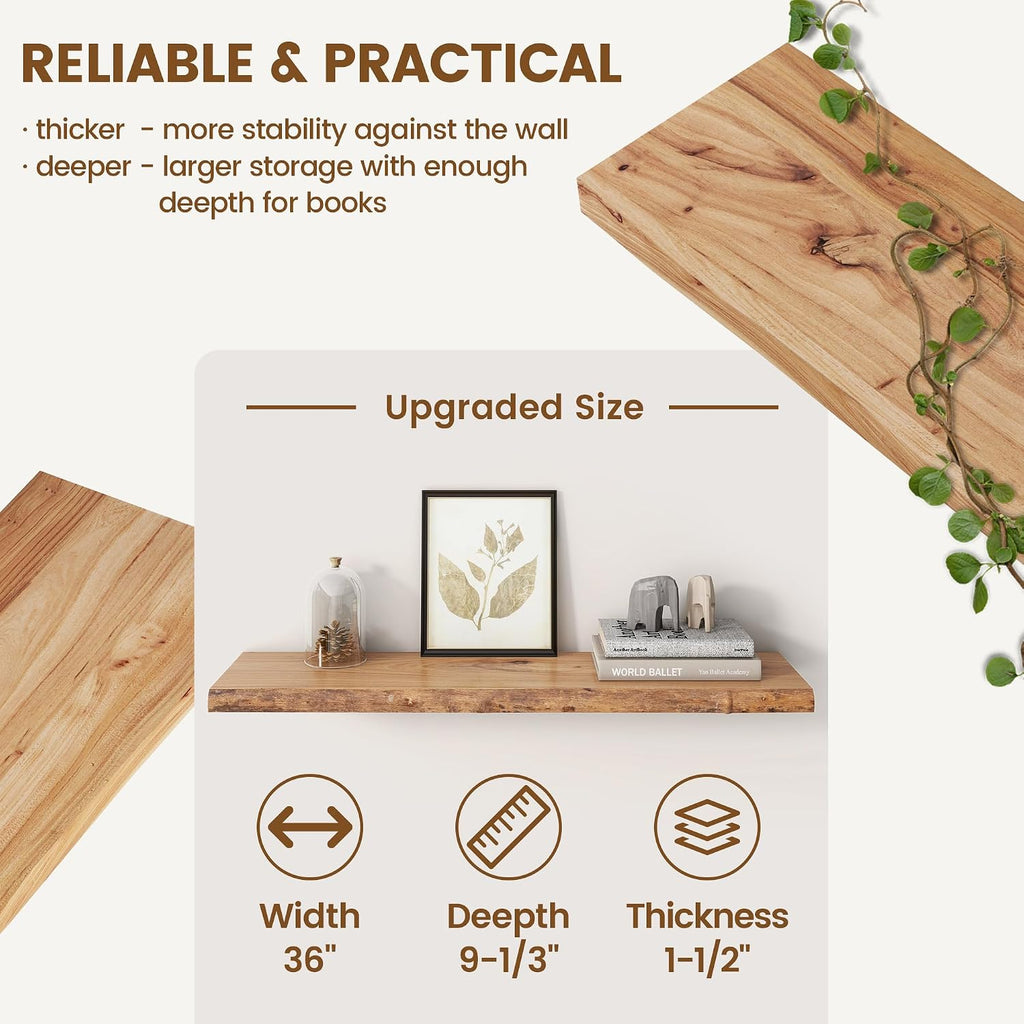 36'x9.2' Elm Floating Shelves for Wall, Live Edge, Natural, 2-Pack | 1.4' Thick Reclaimed Wood Shelves with Invisible Bracket for Living Room, Bedroom, Kitchen & Bathroom Storage
