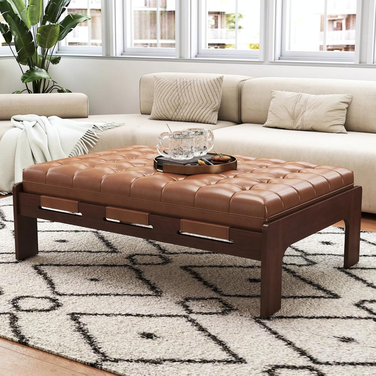 chairus 47.75' Large Rectangle Ottoman Coffee Table, Tufted Faux Leather Upholstered Living Room Coffee Table with Solid Wood Frame, Oversized Mid-Century Modern Footrest Ottoman, Brown PU