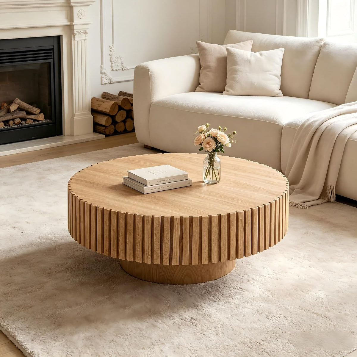 KEVINSPACE Round Coffee Table, 39' Big Wooden Fluted Coffee Table with Fluted Base, Circle Accent Center Table for Living Room Apartment Office Small Space, Easy Assembly, Wood