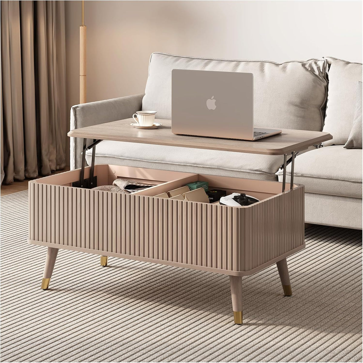 Jiansu furni Lift Top Coffee Table with Storage,Multi-Function Coffee Table with Hidden Compartment & Solid Wood Legs,Mid Century Modern Center Table for Living Room,Oak