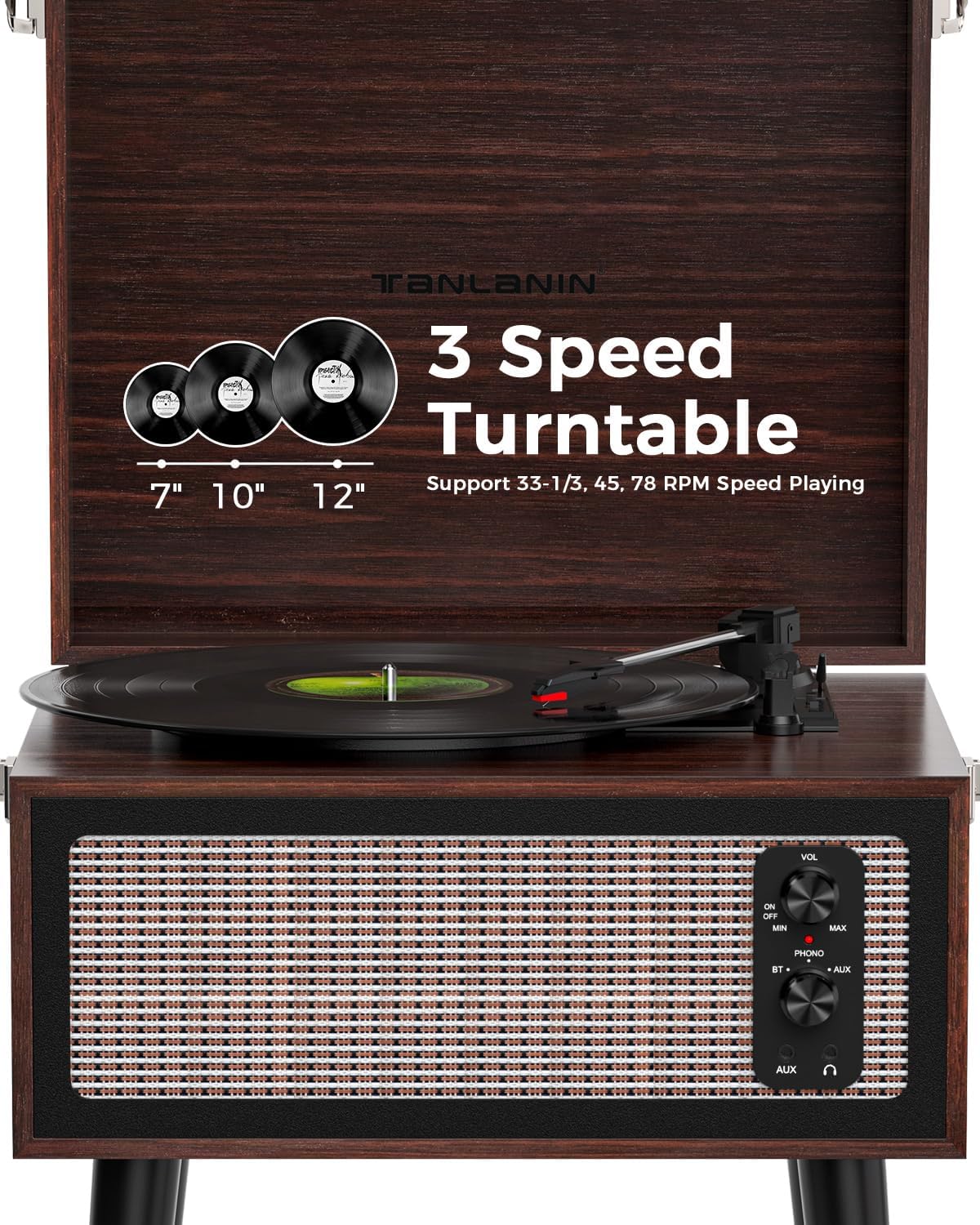 Vintage Standing Vinyl Record Player with Detachable Legs, PC Recording, 3-Speed Belt Driven Bluetooth Turntable Built-in Stereo Speakers Use as Stand or Tabletop Player, Home Decor, Espresso