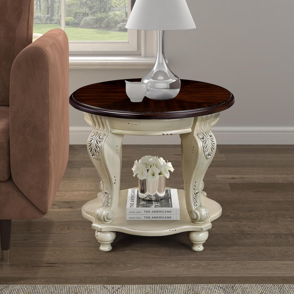 Round Wood End Table with Shelf for Living Room Small Accent Side Table 2-Tier Small Nightstand Easy Assemble, Beige + Espresso