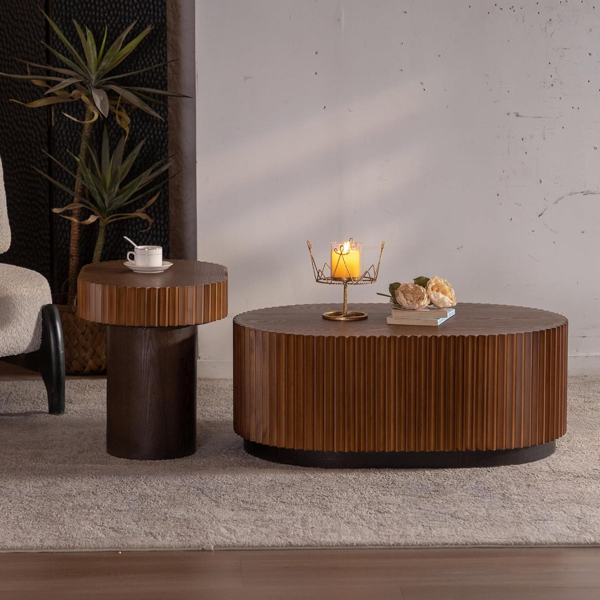 Tianyb Handcrafted Oval Nesting Coffee Table Set of 2, Modern Accent Table with Fluted Wave Stripe Edge Design, Solid Wood & MDF Living Room Center Furniture, Walnut Brown