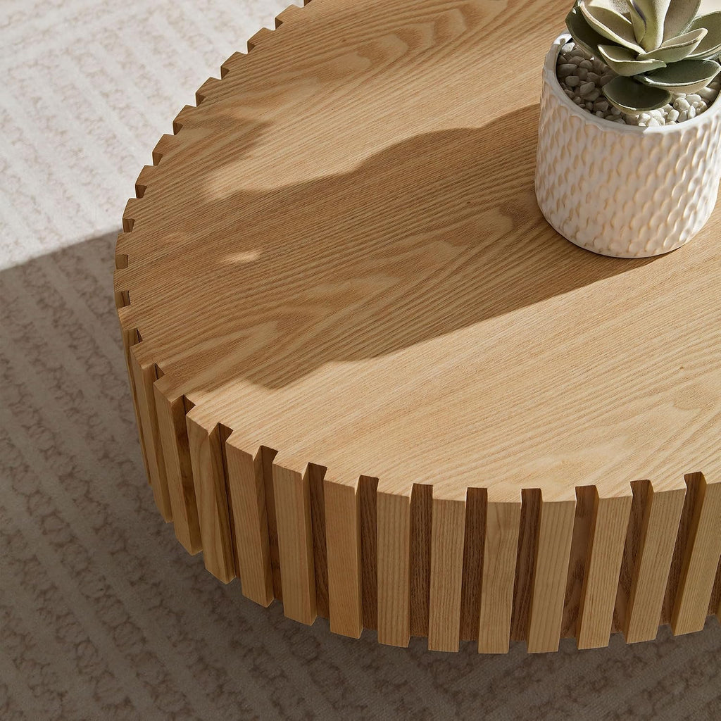 43.31' Natural Ash Oval Coffee Table for Living Room, Wood Drum Pedestal Table Farmhouse Boho Modern Nesting Round Center Table with Handcrafted for Small Space Apartment, Easy Assembly, Oak