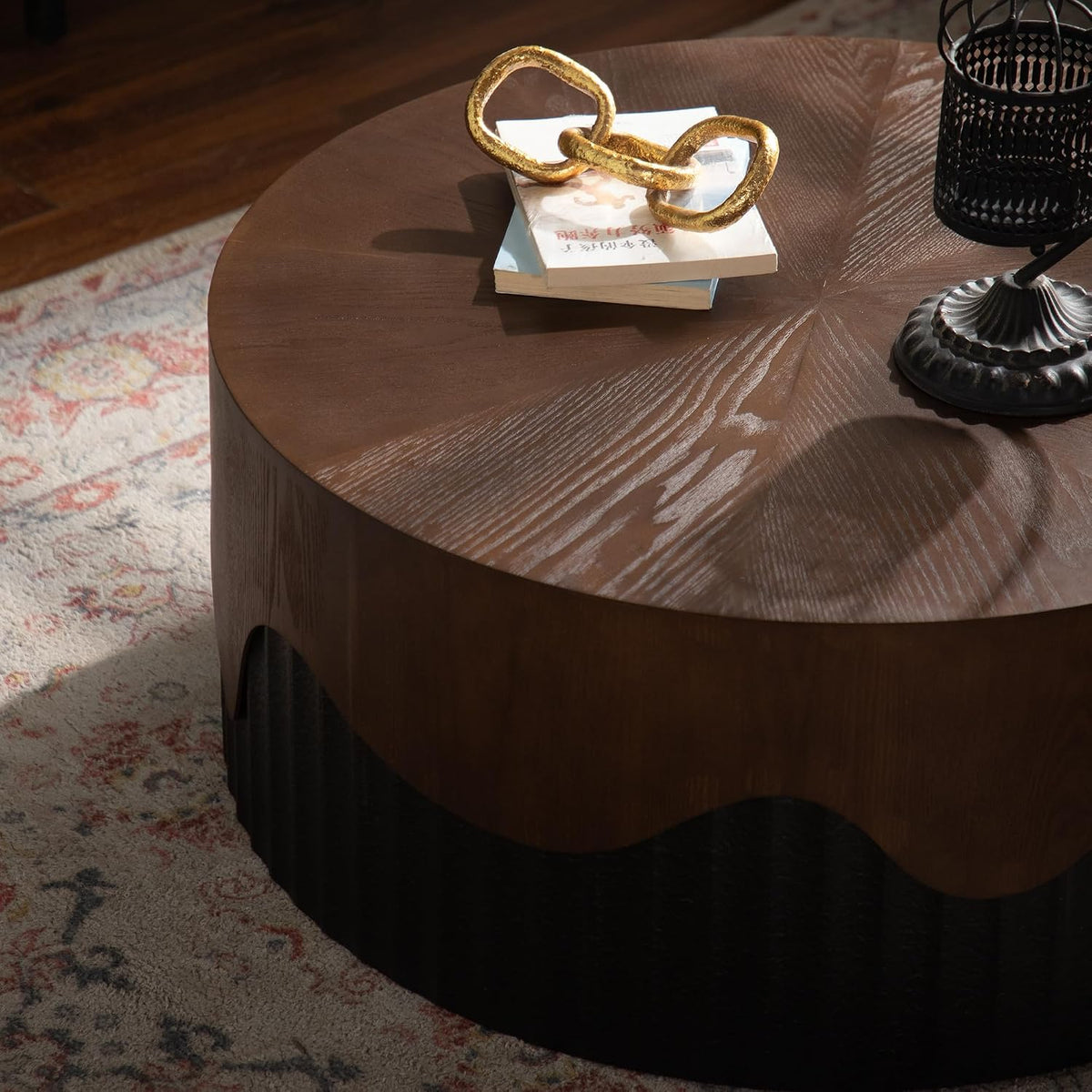 Round Coffee Table Wood Circle Modern Coffee Tables for Living Room Contemporary Fluted Center Wooden Drum Furniture Solid Wood for Apartment, Small Space No Need Assembly Ø 30.31',Walnut Brown