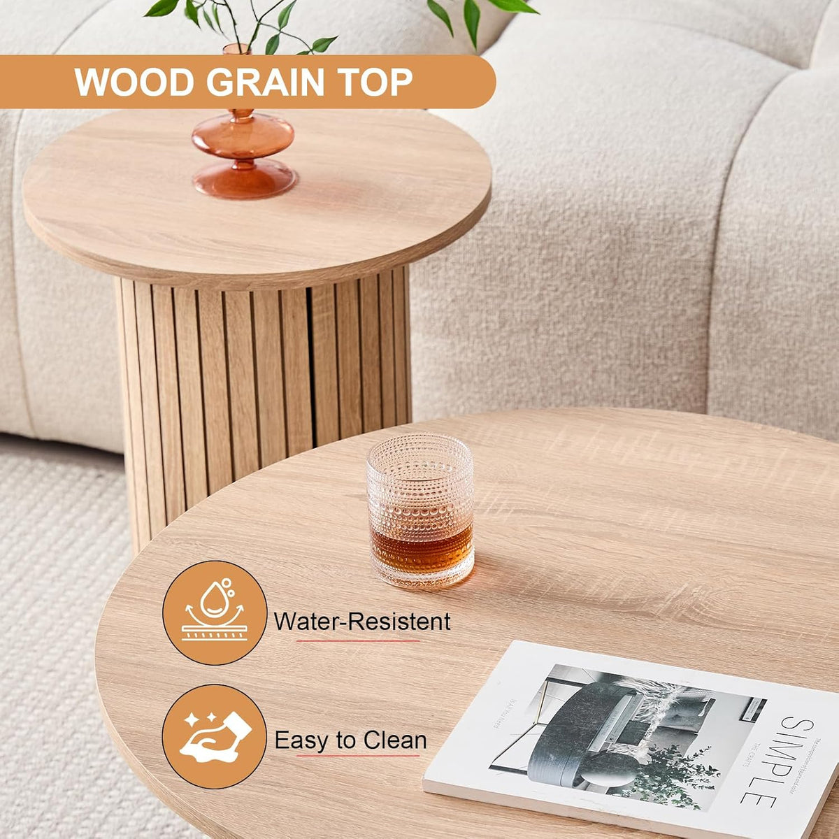Round Nesting Coffee Tables Set of 2 -φ27.6 Large Short + φ15.8 Small Tall Boho Circle Side Tables with Fluted Drum Design, Natural