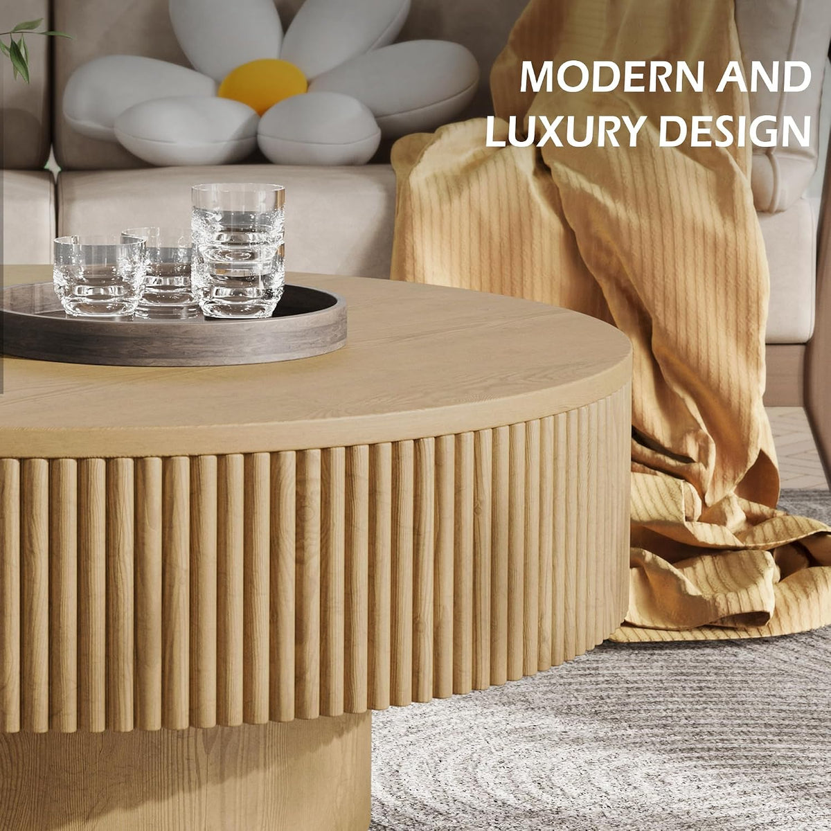 YOUDENOVA 35' Round Fluted Coffee Table, Modern Wood Circle Coffee Table, Veneer Handcrafted Relief Tea Table with Sturdy Pedestal for Living Room, Easy Assembly - Natural