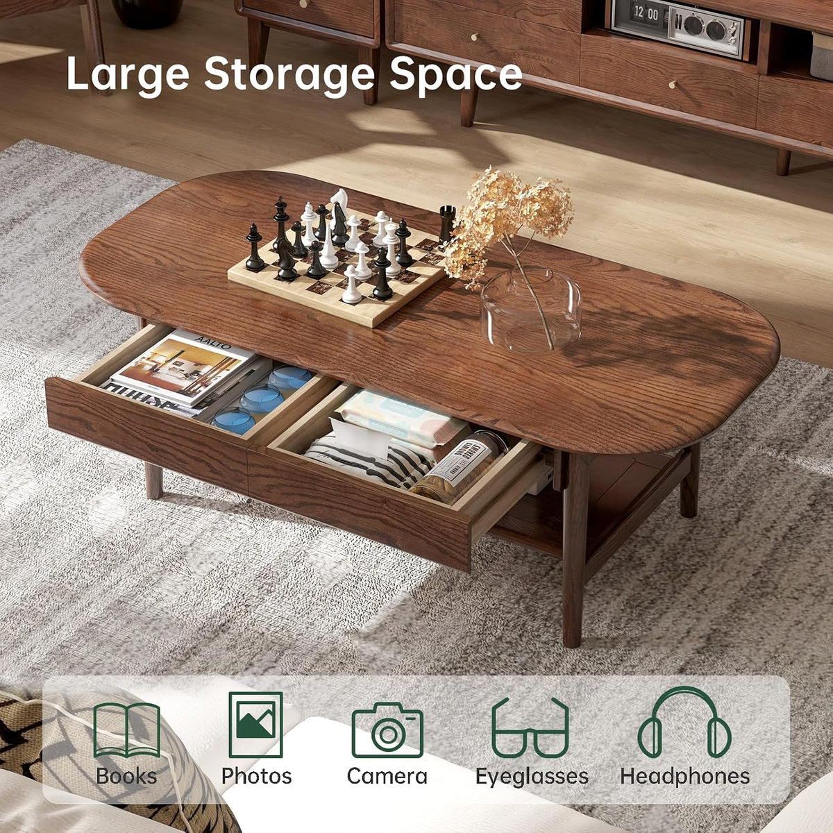 100% Solid Oak Wood Coffee Table for Living Room, 2-Tier Mid-Century Modern Table with 2 Drawers & Open Shelf, Living Room Table with Rounded Corner for Home (Oak Walnut Finish, 47.24'' W)