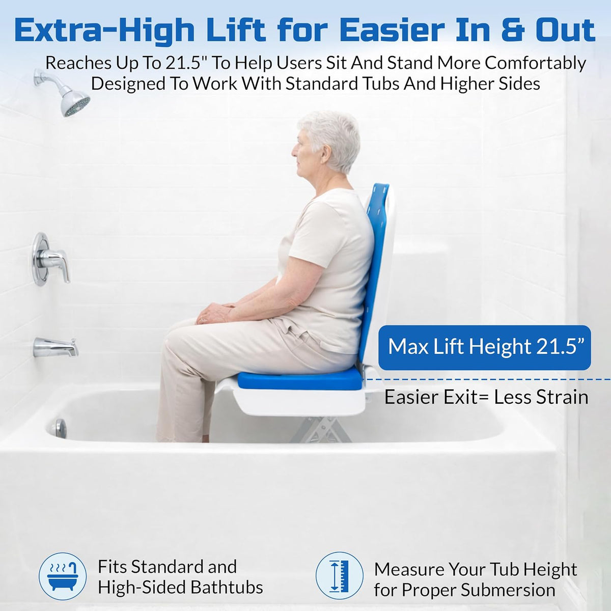 Platinum Health Tranquilo Premium Electric Bath Lift with Padded, SAFESWIVEL Rotating SEAT and Electric Recline. 300lb. Lifting Capacity and Extra High Lifting Range up to 21.5 inches.
