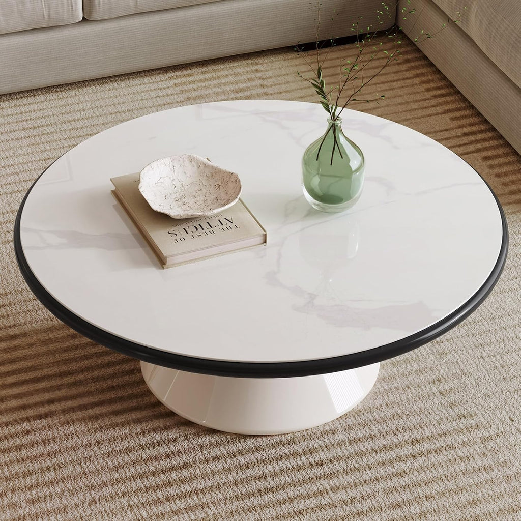 Round Faux Marble Look Coffee Table, White CenterTable with Stable Pedestal, Modern Tempered Glass Designed White Marble Dining Table for Kitchen,Living Room,Apartment,Restaurant