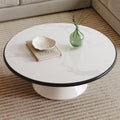 Round Faux Marble Look Coffee Table, White CenterTable with Stable Pedestal, Modern Tempered Glass Designed White Marble Dining Table for Kitchen,Living Room,Apartment,Restaurant