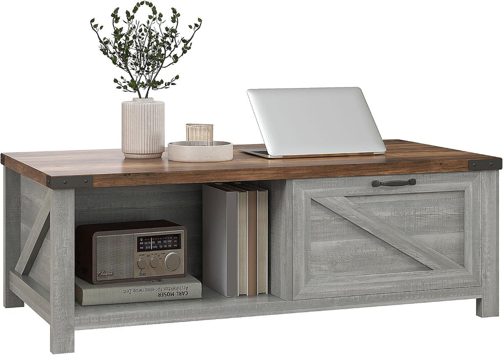 HOMCOM Farmhouse Coffee Table with Storage and Drawer, Rustic Coffee Table for Living Room, Open Shelf, Distressed Gray
