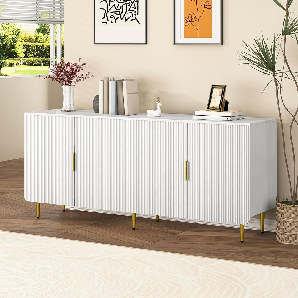 65' Fluted Sideboard Buffet Cabinet with Storage, Console Cabinet with 4 Doors & Adjustable Shelves, Modern Buffet Table for Kitchen Dining Living Room Hallway‌ Entryway, White