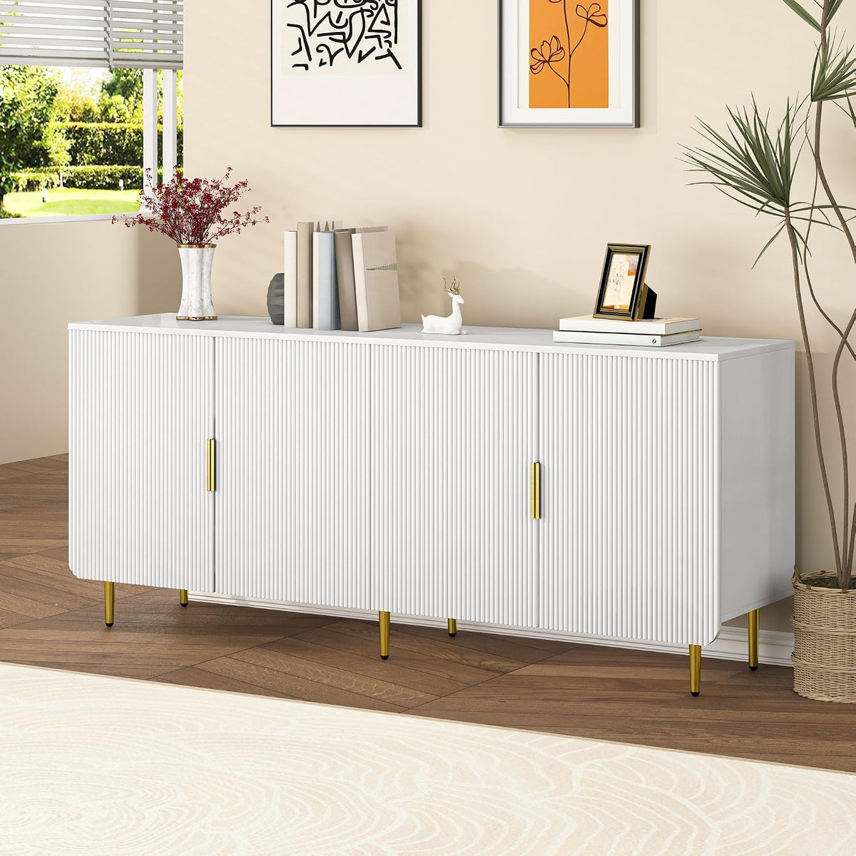 65' Fluted Sideboard Buffet Cabinet with Storage, Console Cabinet with 4 Doors & Adjustable Shelves, Modern Buffet Table for Kitchen Dining Living Room Hallway‌ Entryway, White