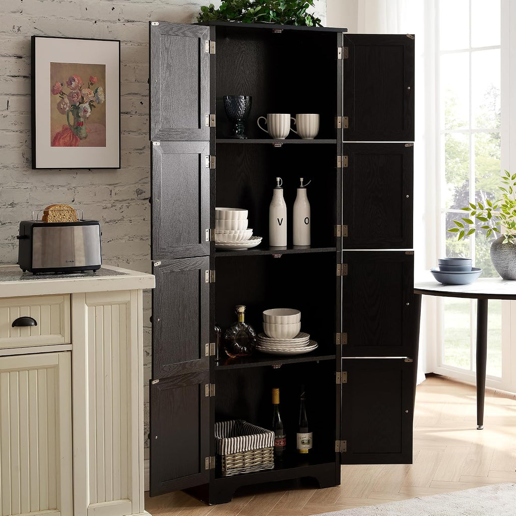 72' H Farmhouse Storage Cabinet, 4 Tier Kitchen Pantry Cabinet with 4 Shelves, 8 Doors Freestanding Floor Storage Cabinet Wooden Organizer Bookcase for Living Room & Kitchen (Black)