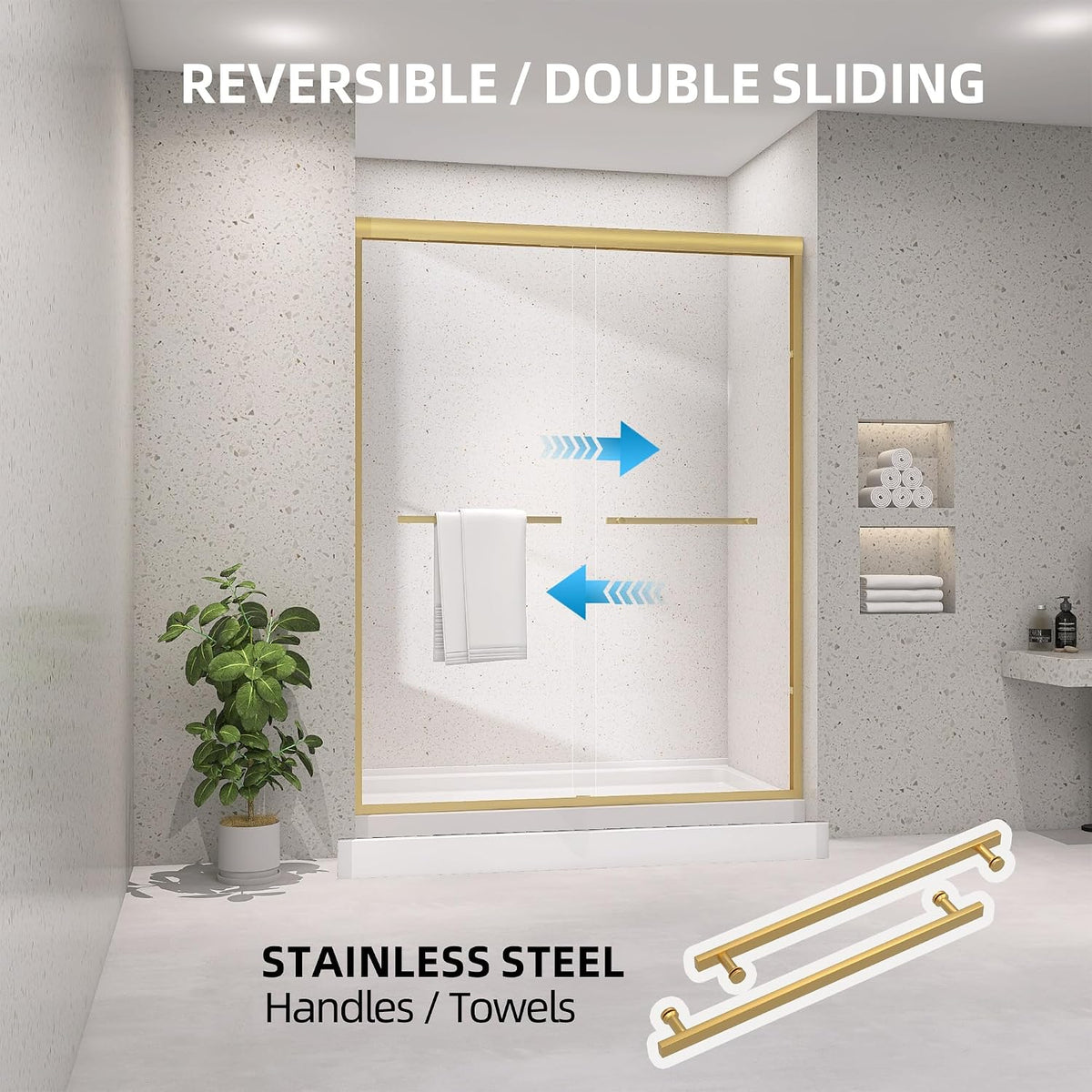 Shower Door 60' x 75' Double Sliding Bypass Framed Shower Door for Walk-in Bathroom Adjustable 56-60' Width Extra Tall Easy Install Clear Shower Glass Doors in Brushed Gold Frame