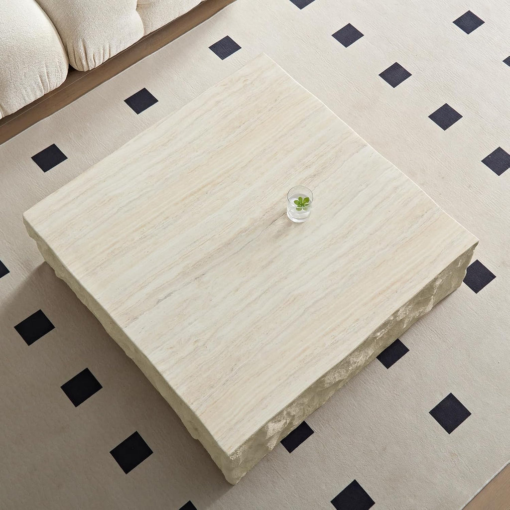 LKTART Square Coffee Tables for Living Room, Imitation Stone Fiberglass Center Table Modern Aesthetic Coffee Table for Office,Apartment,No Need Assembly