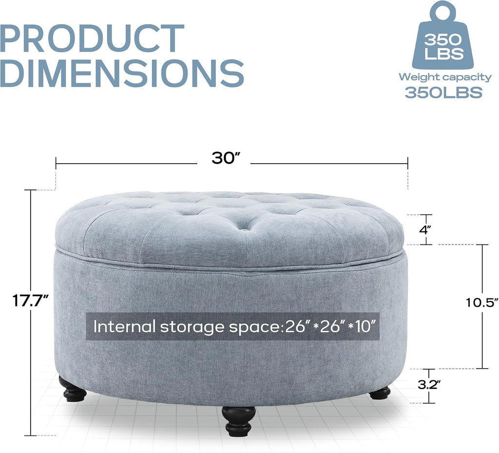 HUIMO 30-Inch Round Storage Ottoman, Modern Button Tufted Ottoman Coffee Table for Living Room, Bedroom and Office(Light Blue)