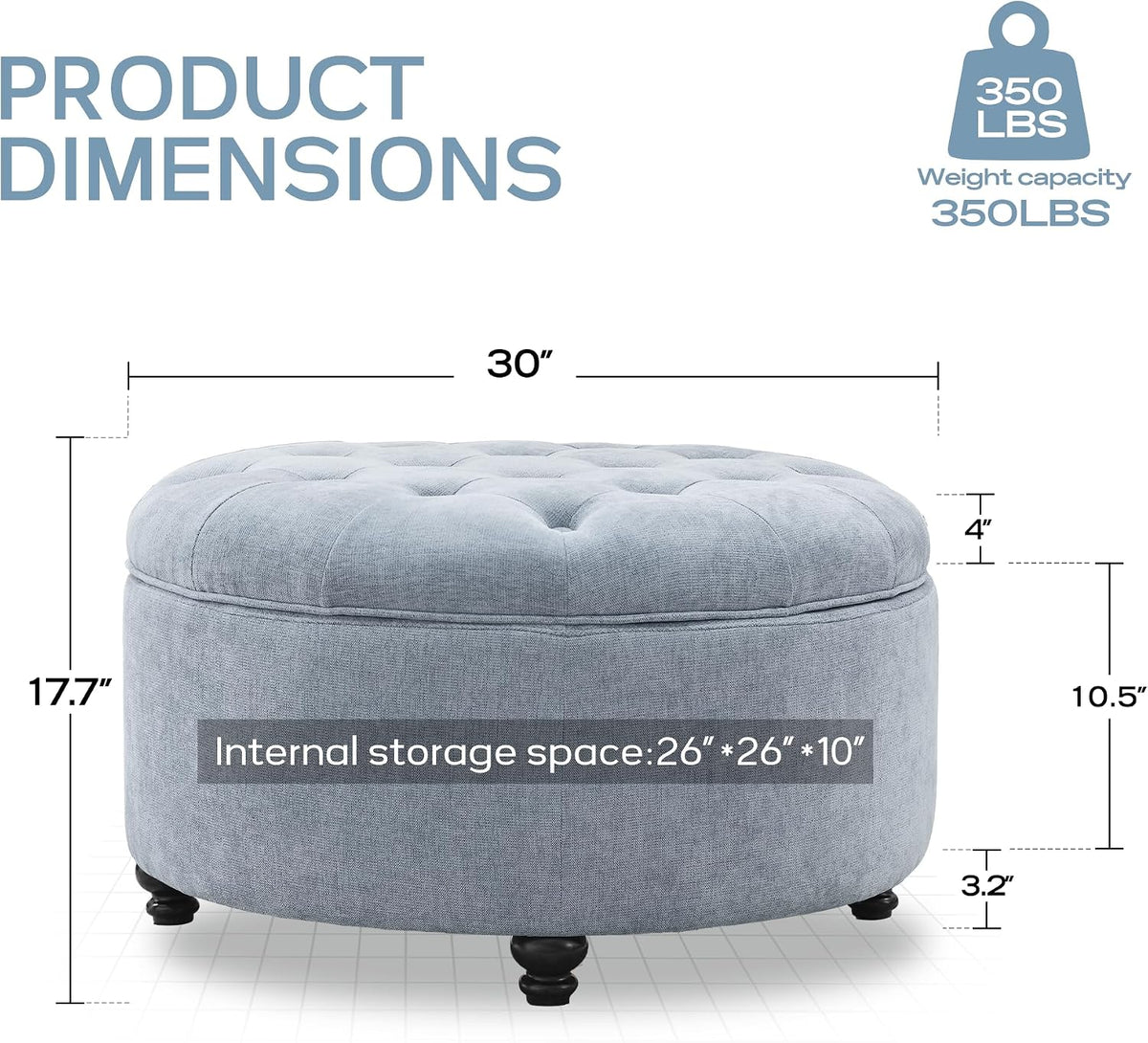 HUIMO 30-Inch Round Storage Ottoman, Modern Button Tufted Ottoman Coffee Table for Living Room, Bedroom and Office(Light Blue)