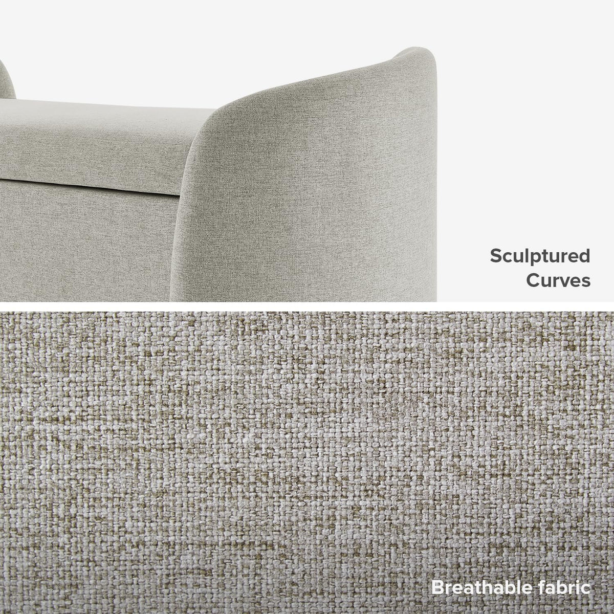 mopio Sophie 51' Ottoman Storage Bench, Entryway and Window Seating, End of Bed Curved Stool for King & Queen Bed, Storage Chest for Bedroom (Light Gray Fabric)