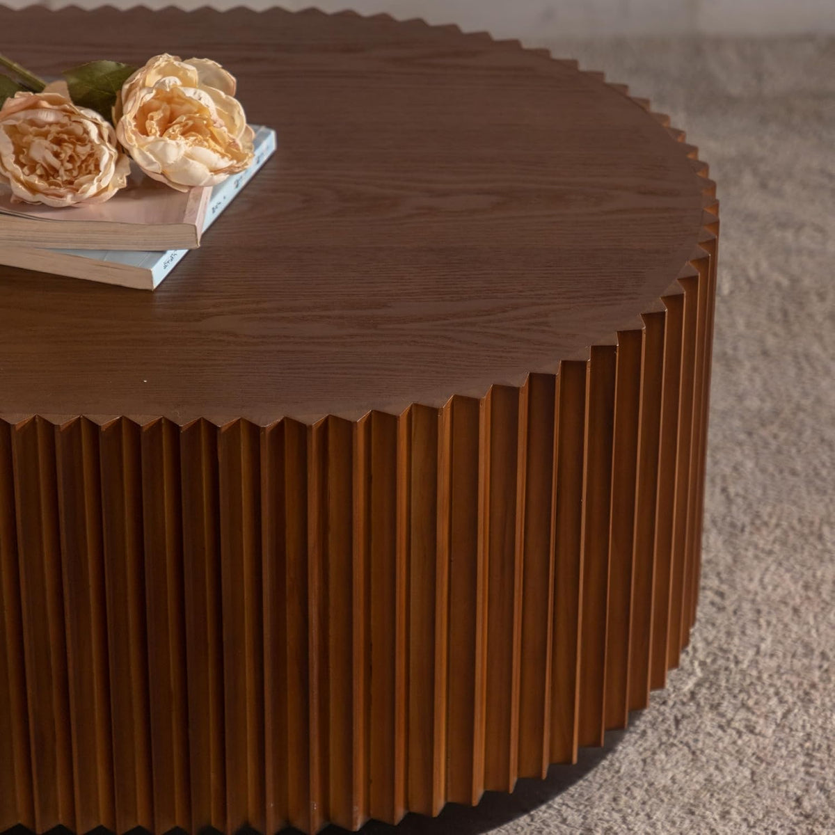 Tianyb Handcrafted Oval Nesting Coffee Table Set of 2, Modern Accent Table with Fluted Wave Stripe Edge Design, Solid Wood & MDF Living Room Center Furniture, Walnut Brown