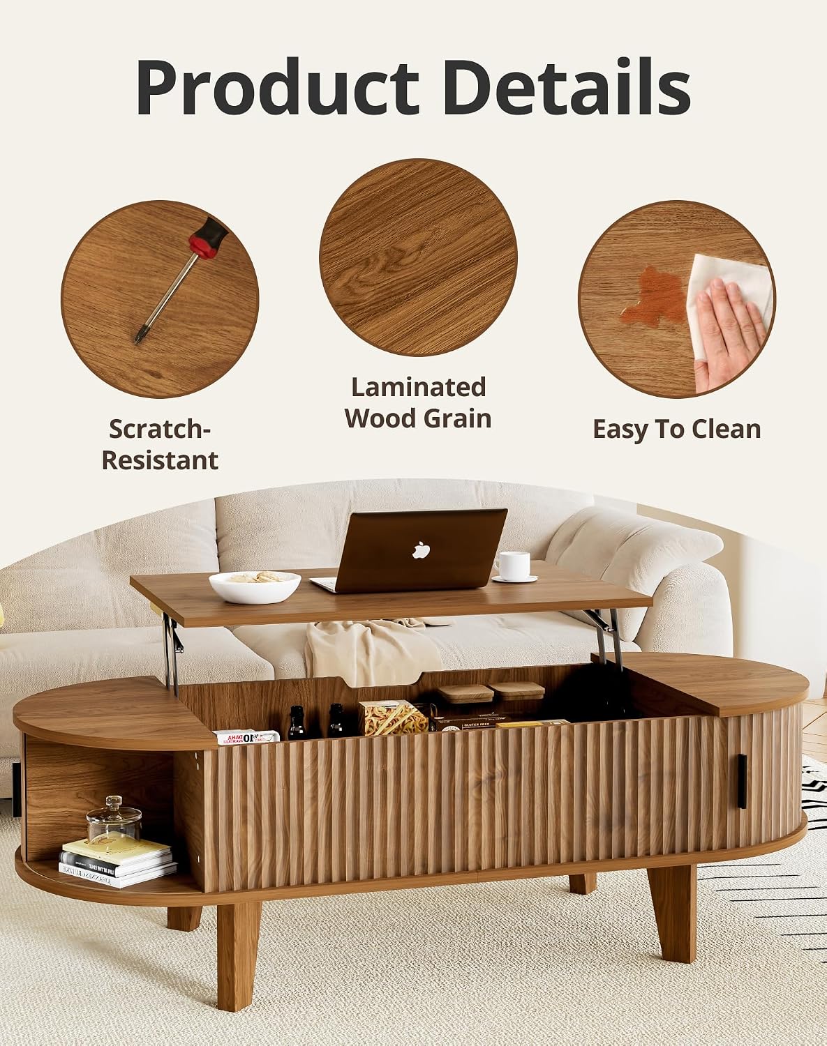 47.2' Oval Coffee Table with Storage, Lift Top Coffee Table for Living Room, Modern Wood Fluted Center Table with 180° Sliding Tambour Door