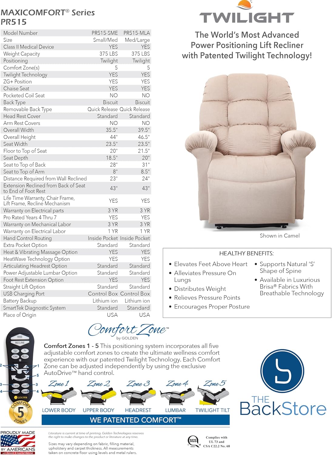 Golden Technologies Cloud Lift Chair Recliner with MaxiComfort and Twilight Medium/Large PR515-MLA (Hazelnut)