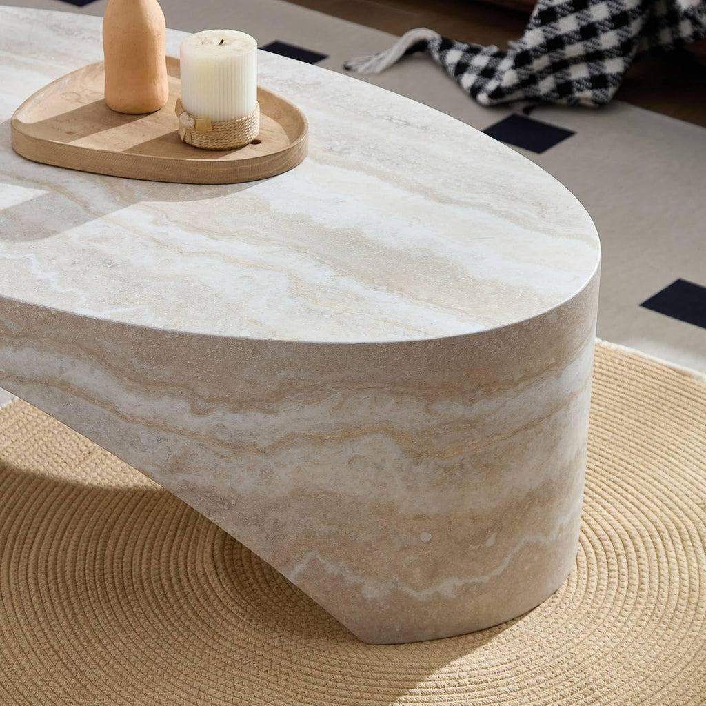 43.31' Oval Fiberglass Coffee Table, Modern Center Table for Living Room, No-Assembly Stone-Look Accent Table, Oval Marble-Inspired Coffee Table, Ivory Travertine Texture
