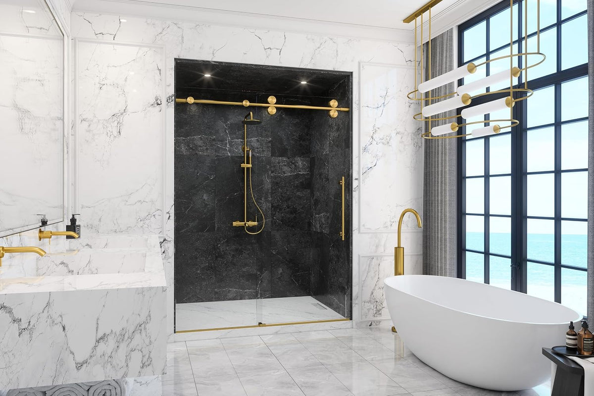 Montage 57.25-59' W x 78' H Euroglide Frameless Shower Door with 3/8' Clear Tempered Glass (Satin Gold/Satin Brass)